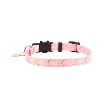 Mokka cat collar with moon and star print and bell arranged in a circular shape