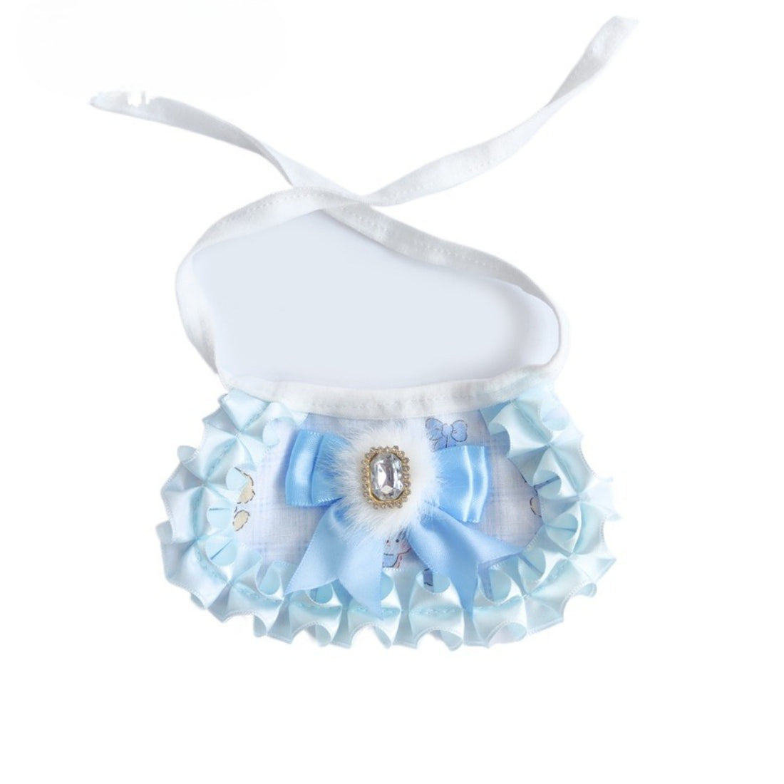 Side view of Mokka ruffle gem cat neck bib on a white background