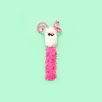 Moo interactive fuzzy character toss cat toy displayed from a side angle