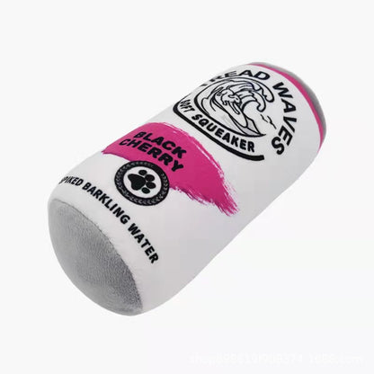 Side view of Petkin Plush Soda Can Squeaker Dog Toy on white background