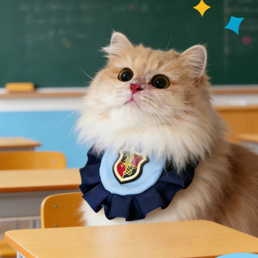 Mokka Academy Badge Cat Bib front view with embroidered badge and adjustable neck strap