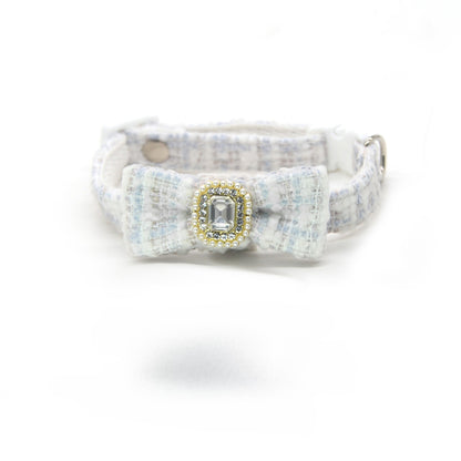 Mokka Tweed Gem Bow Cat Collar worn by a cat, showing fit and style