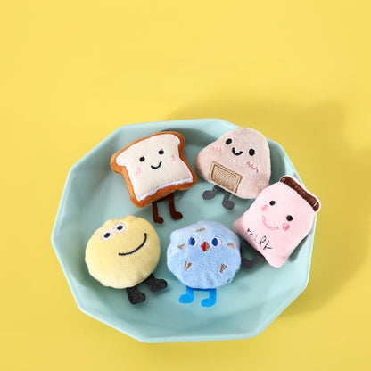 Set of 5 bread-shaped cat toys arranged on a white background
