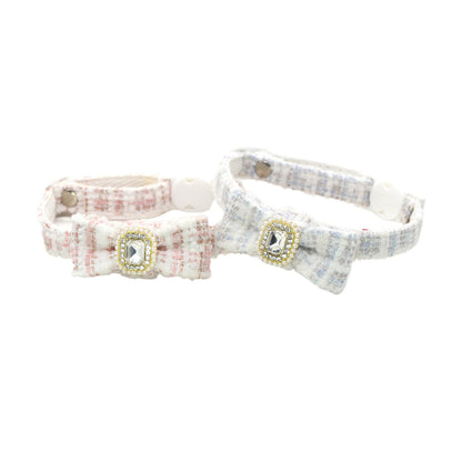 Close-up of Mokka Tweed Gem Bow Cat Collar showing textured fabric and gem detail