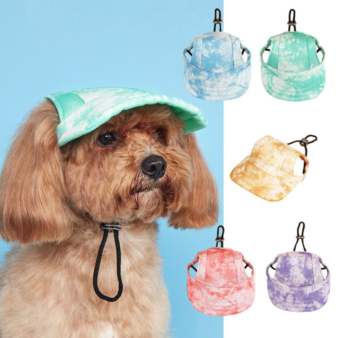 Front view of Ozzie tie-dye dog baseball cap with adjustable strap