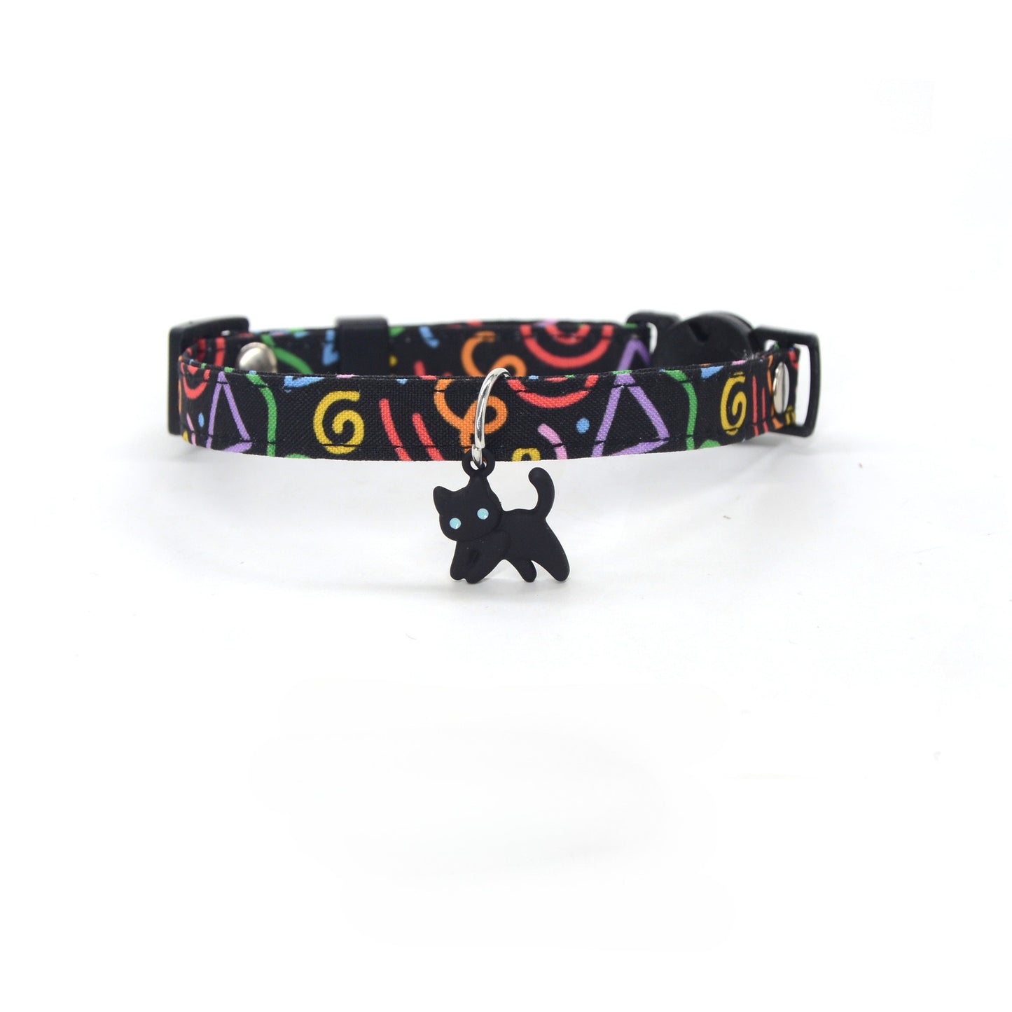 Mokka Abstract Cat Charm Breakaway Collar in black with silver cat charm on white background