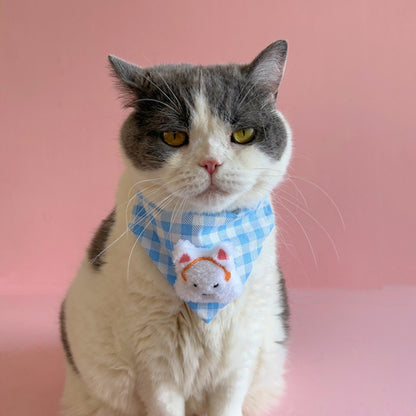 Mokka blue gingham cat bandana displayed with packaging box