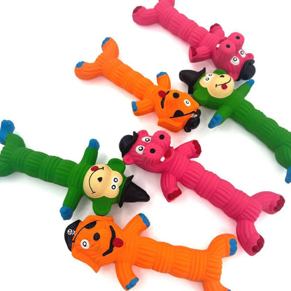 Close-up of Petkin durable rubber squeaky dog toy shaped as a funny character