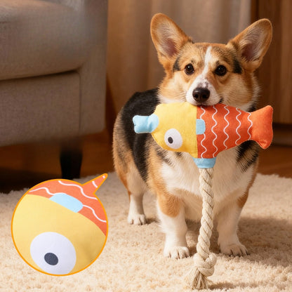 Petkin Interactive Fish Character Toss Dog Toy in bright colors on white background