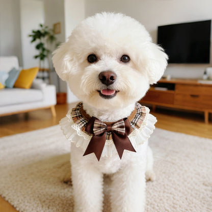 Mokka - Plaid Lace Trim Bow Pet Collar
