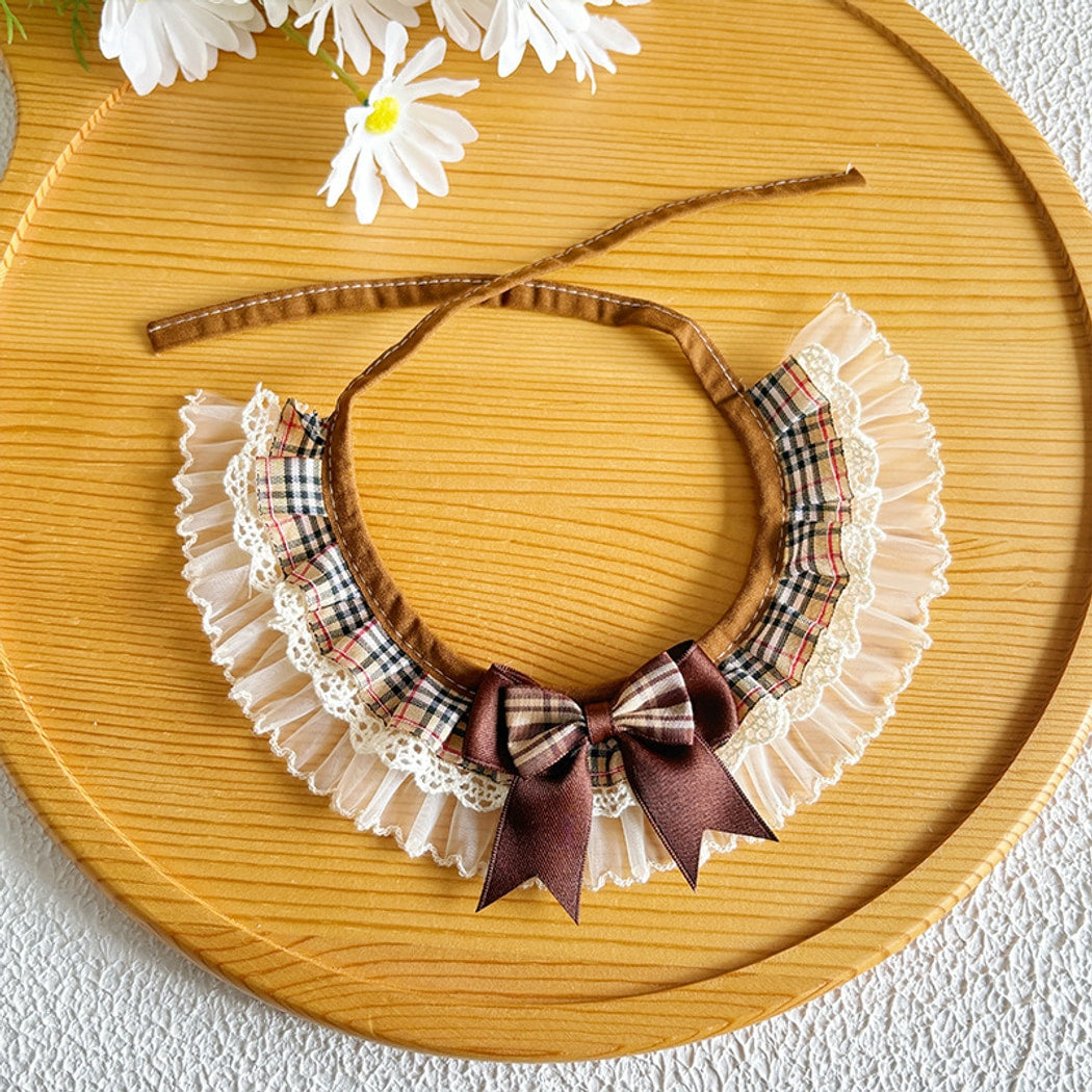 Mokka - Plaid Lace Trim Bow Pet Collar