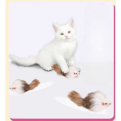 Side view of Moo faux fur mouse cat toy highlighting soft fur texture