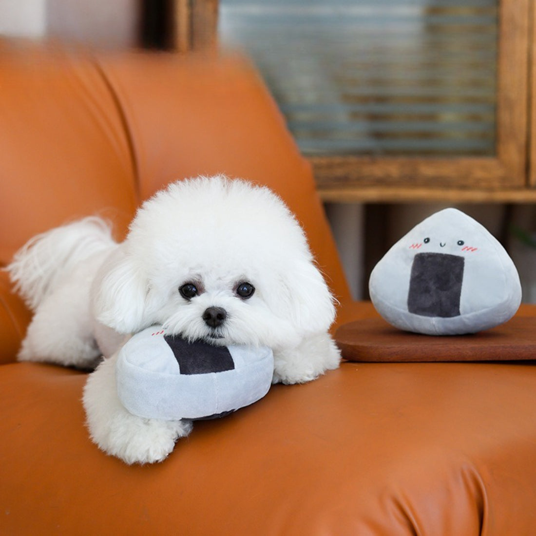 Petkin Onigiri Rice Ball plush dog toy with white and black design resembling a rice ball