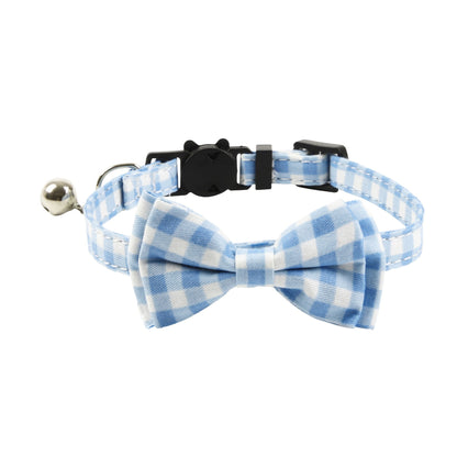 Detailed view of floral and gingham bow on Mokka cat collar