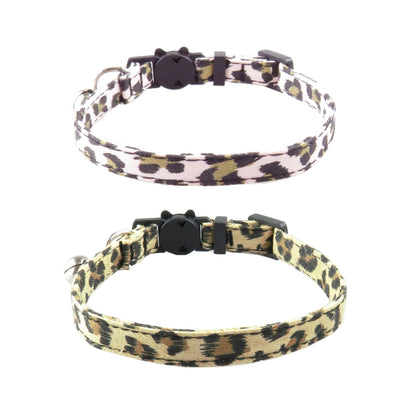 Mokka leopard print cat collar with small bell on a white background