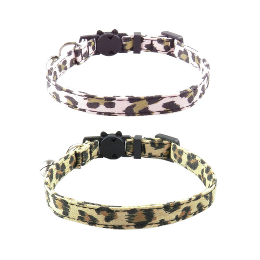 Mokka leopard print cat collar with small bell on a white background