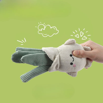 Petkin plush vegetable dog toy held in hand to show size and texture