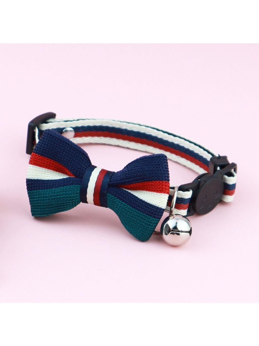 Side view of Mokka striped bow cat collar showing strap and breakaway clasp