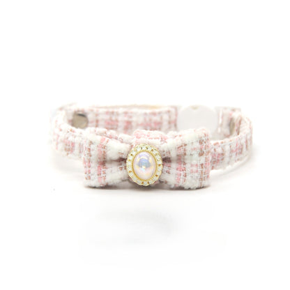 Mokka tweed bead bow cat collar displayed flat showing full length