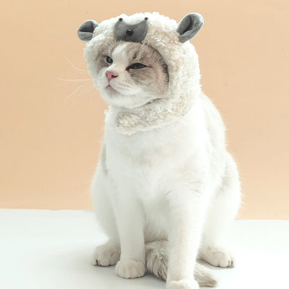 Side view of Ozzie lamb shape pet hat on a pet