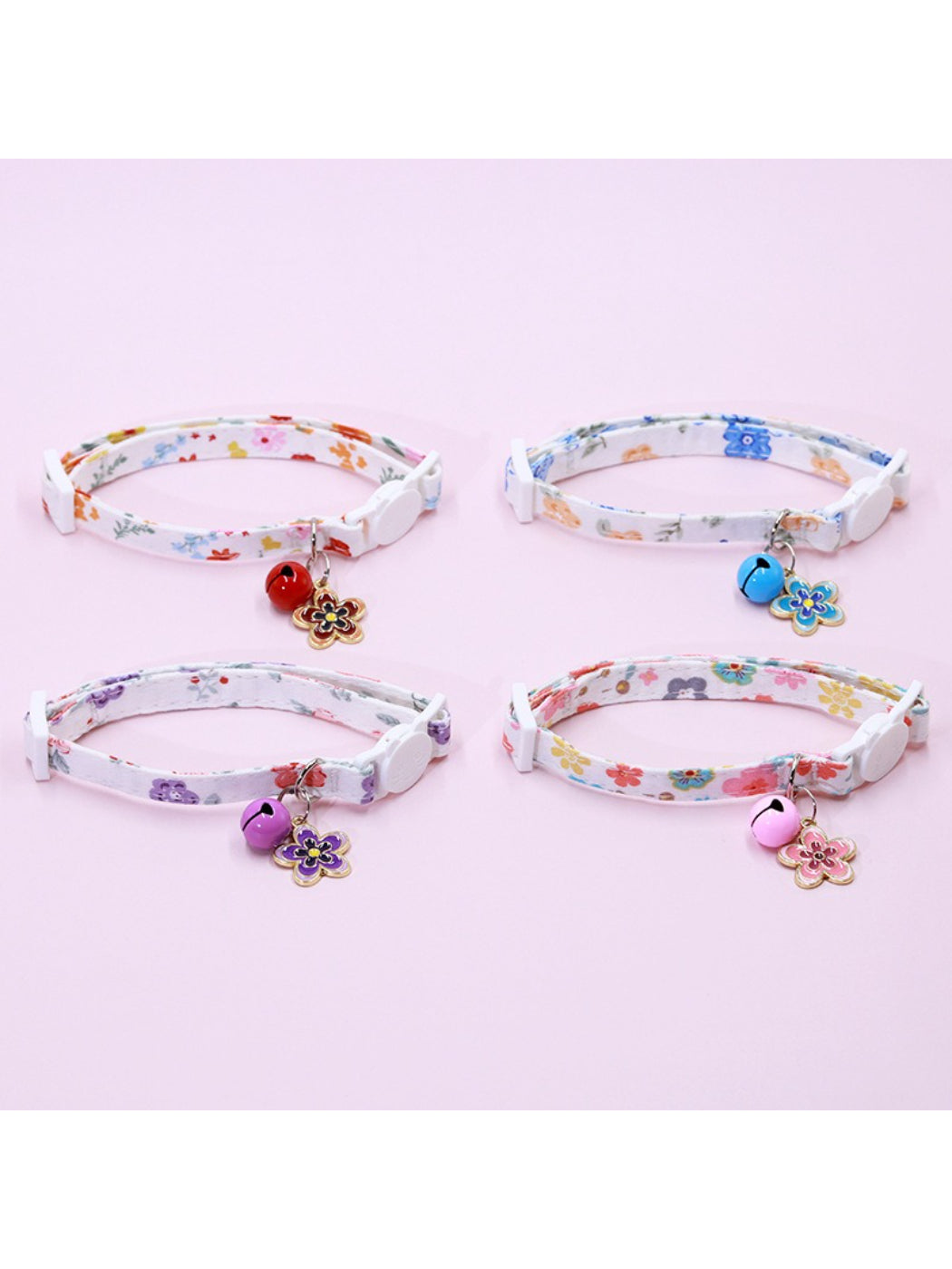 Mokka Floral Charm Bell Cat Collar showing adjustable buckle and small silver bell