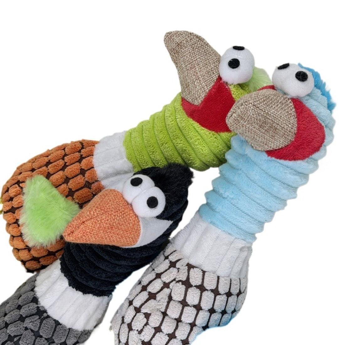 Petkin duck plush dog toy with long legs lying flat on white surface