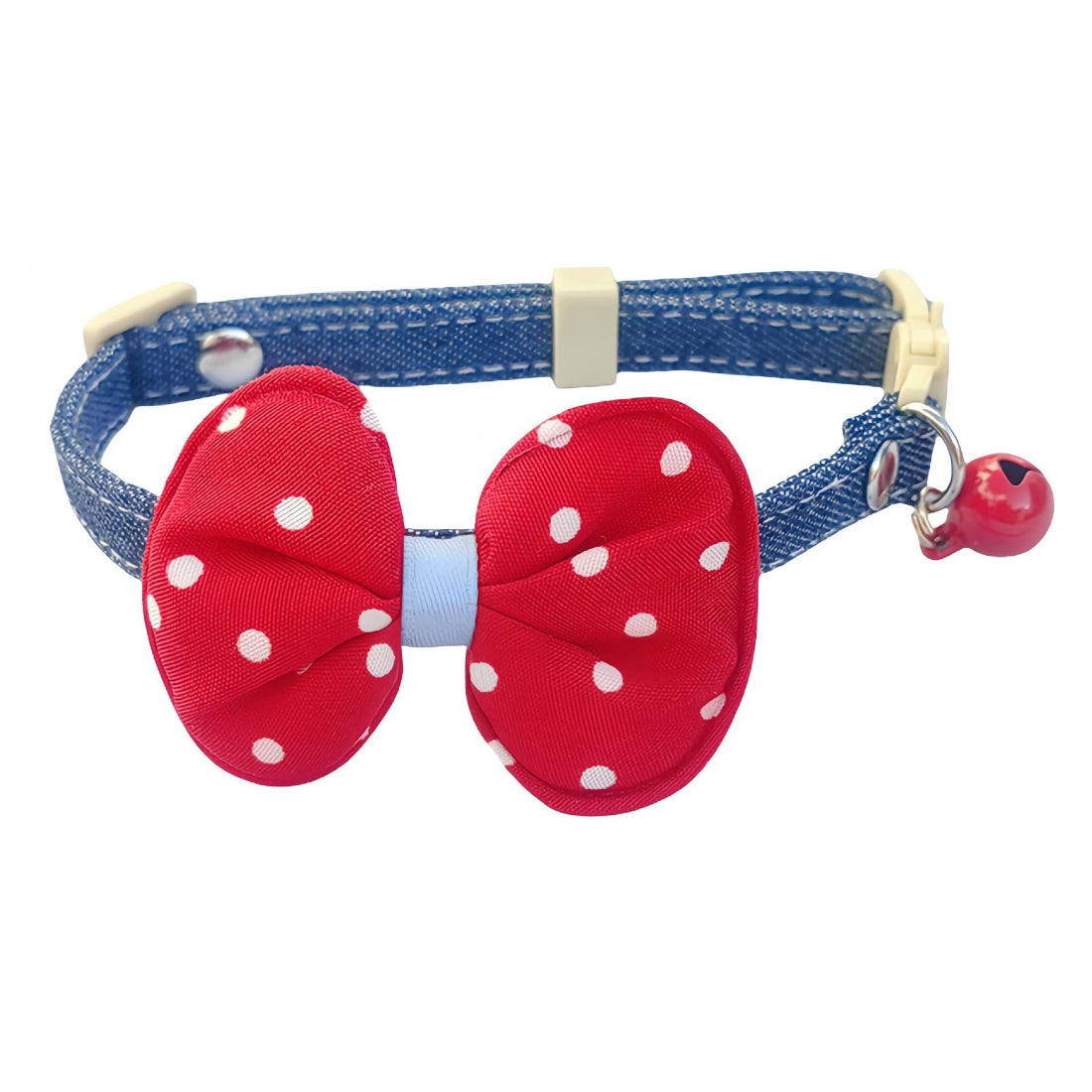 Close-up of Mokka cat collar featuring polka dot bow and small bell