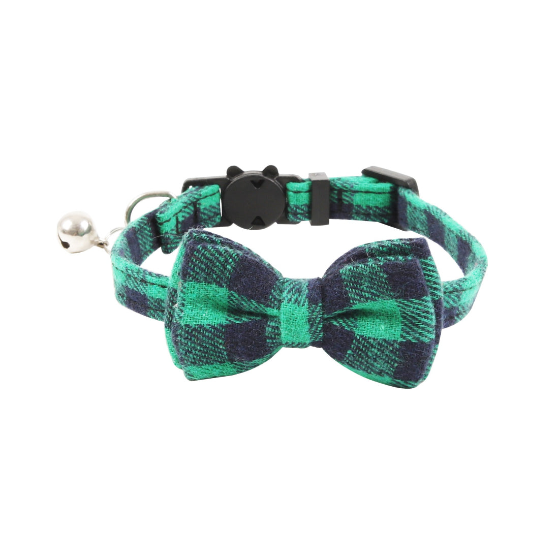 Mokka plaid bow tie cat collar with bell photographed with bell detail visible