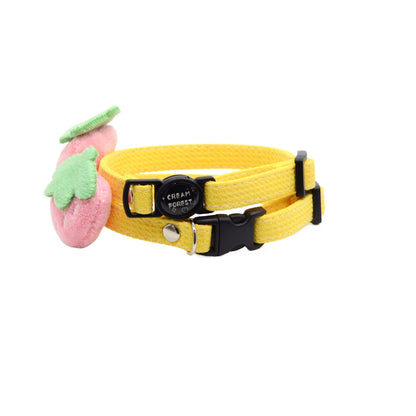 Mokka cat collar displayed flat showing full length and strawberry charm detail