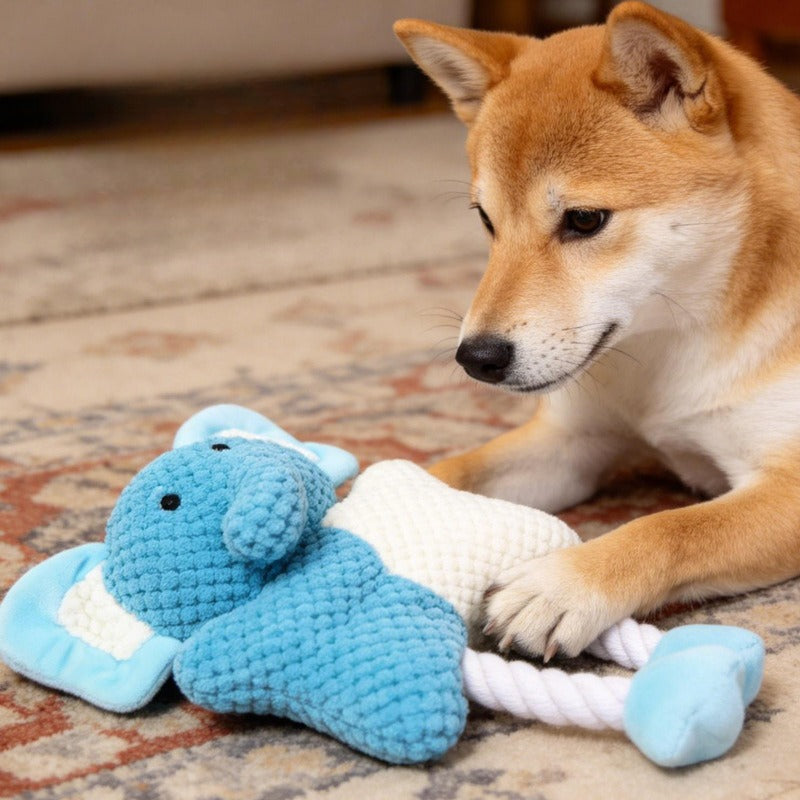 Close-up of Petkin elephant dog toy showing soft plush texture and rope details
