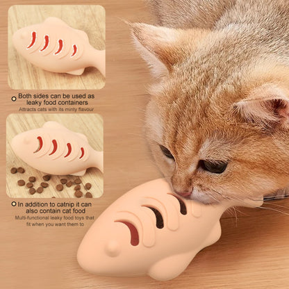 Close-up of Moo fish design dual-sided leaky cat food toy showing texture