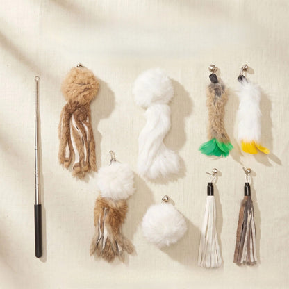 MOO Rabbit Fur Cat Wand Toy Set