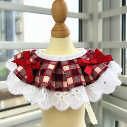 Mokka - Plaid Bow Scalloped Lace-Look Pet Neckwear