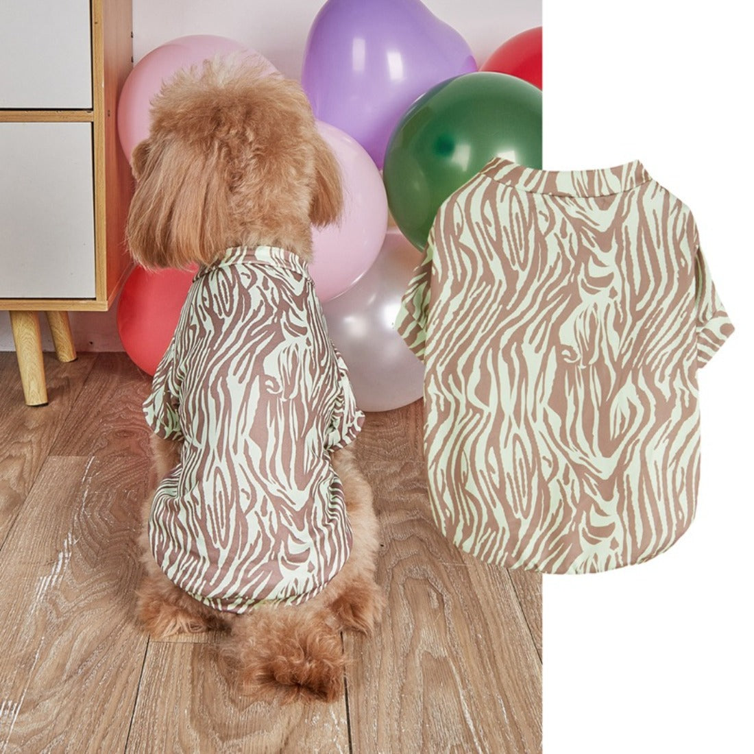 Side profile of dog wearing Ozzie zebra print t-shirt on plain background