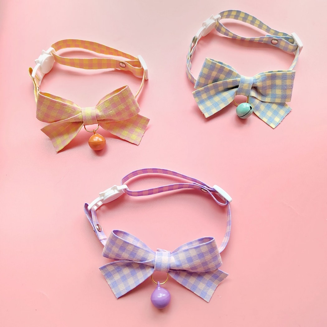 Mokka - Plaid Bow Bell Adjustable Cat Collar