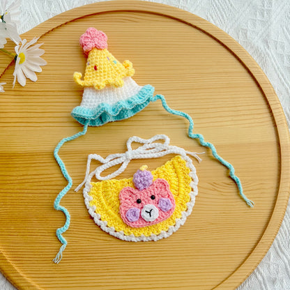 Mokka - Bear Pattern Pet Birthday Bib and Hat Set