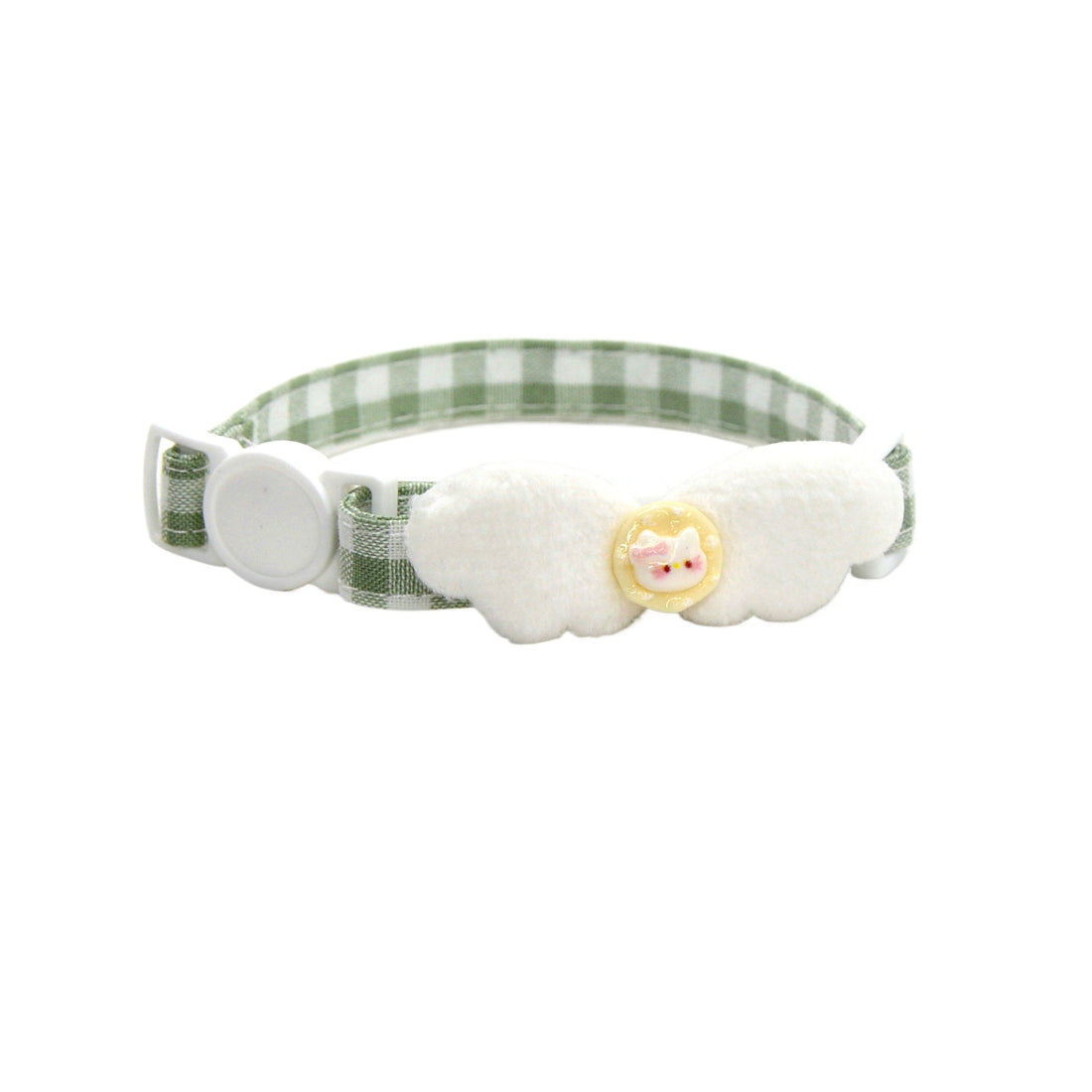 Mokka gingham wing breakaway cat collar displayed flat to show full check pattern and wing shape