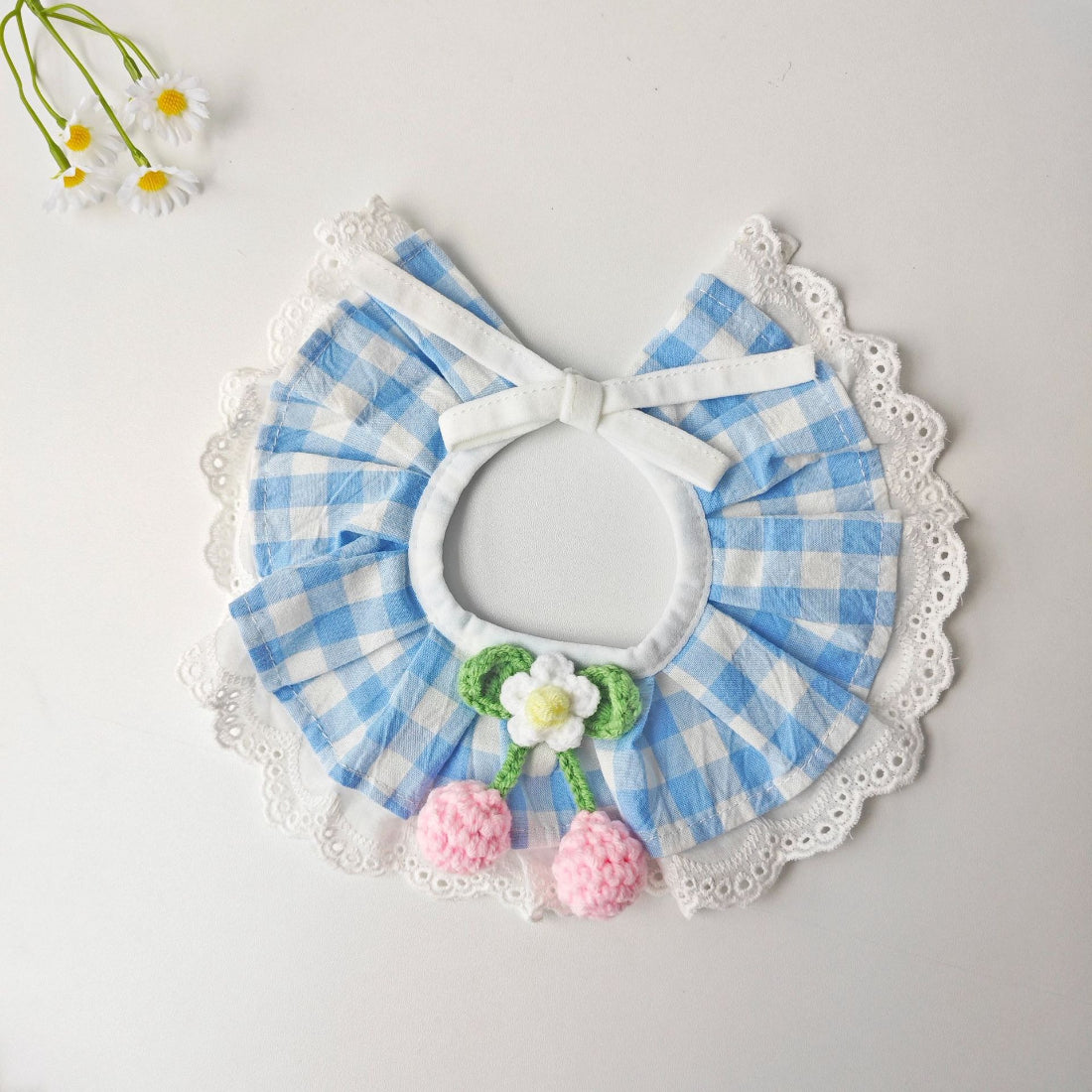 Mokka gingham cherry cat collar laid flat showing full length and adjustable strap