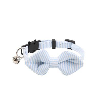 Mokka striped bow tie cat collar with bell laid flat highlighting bow tie design