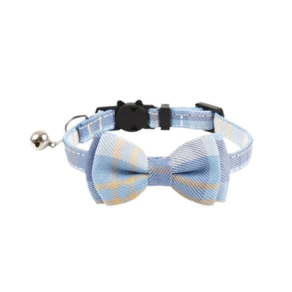 Side view of Mokka Everyday plaid bow cat collar with bell