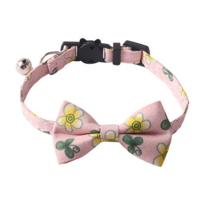 Side view of Mokka floral bow tie cat collar highlighting bow tie shape and floral design