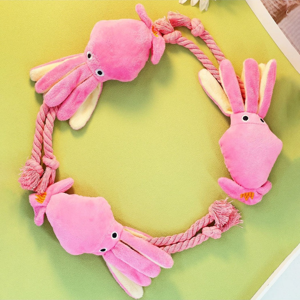 Petkin Squid Rope Plush Dog Toy with detailed plush squid head and multiple rope legs