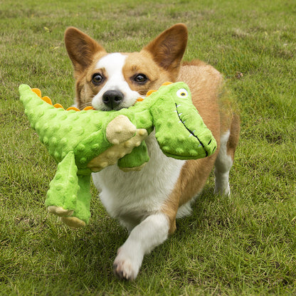 Petkin plush squeaky crocodile and elephant dog toys together on plain background