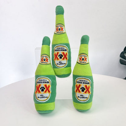 Side view of Petkin soft squeaky dog beer toy with embroidered design
