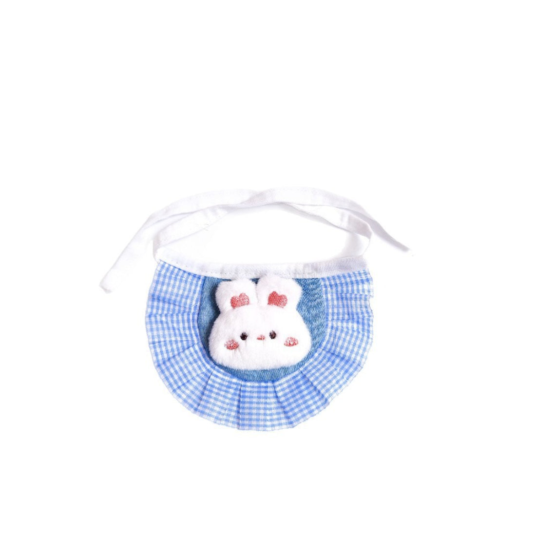 Side view of Mokka Bunny Plush Cat Neck Bib on a cat, showing neck strap detail
