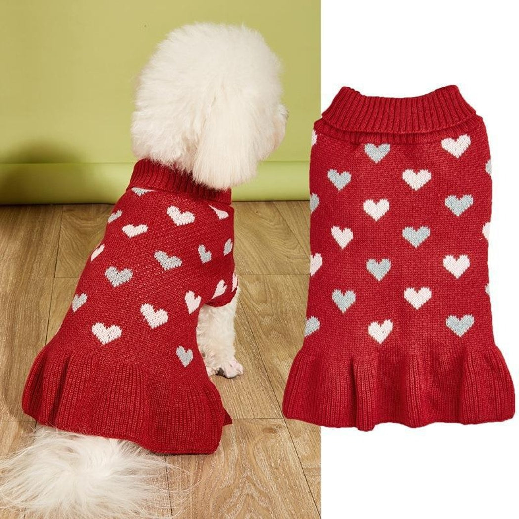 Ozzie - Heart Pattern Ruffle Hem Dog Sweater Dress