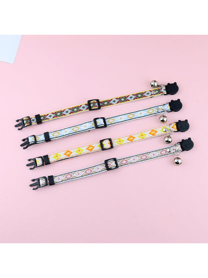 Mokka diamond weave bell cat collar in brown with silver bell on white background