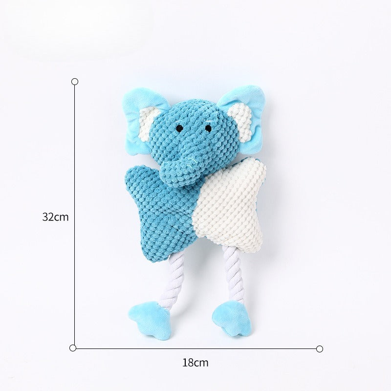 Side view of Petkin plush elephant dog toy highlighting rope legs and tail