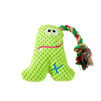 Petkin plush monster dog toy with green body and rope tail on white background