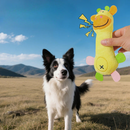 Side view of Petkin squeaky plush dog toy showing soft fabric and stitching details